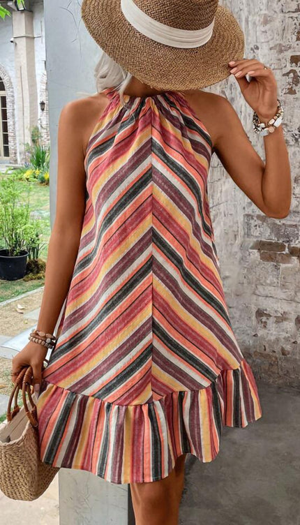 Modish Rustic Chic Striped Grecian Neck Dress