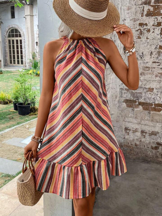 Modish Rustic Chic Striped Grecian Neck Dress