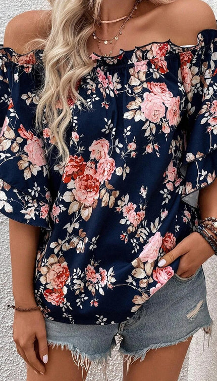 Modish Print Off-Shoulder Flounce Sleeve Blouse