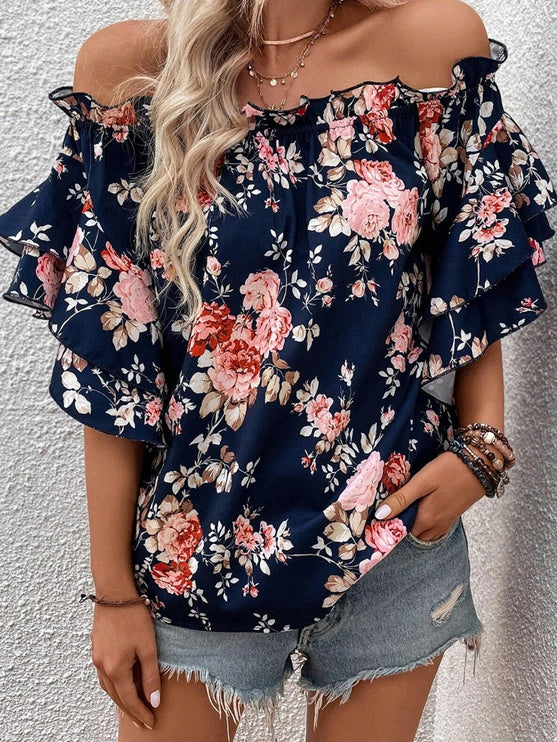 Modish Print Off-Shoulder Flounce Sleeve Blouse