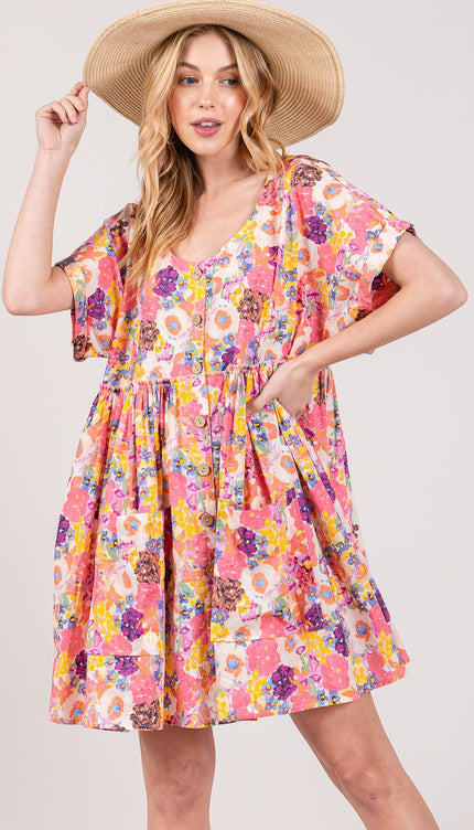 SAGE + FIG Floral Short Sleeve Babydoll Dress with Pockets