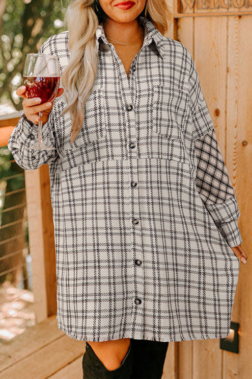 White Stripe Plus Size Plaid Tunic Shirt Dress