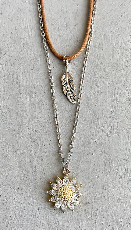 Modish Sunflower Feather Pendant Necklace Set