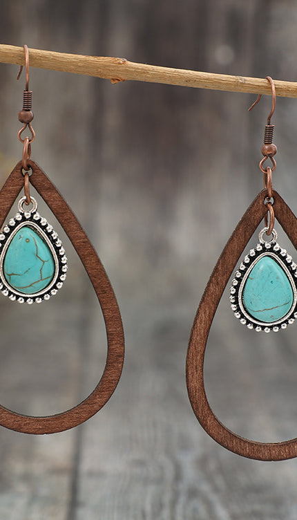 Wooden Turquoise Cutout Teardrop Earrings