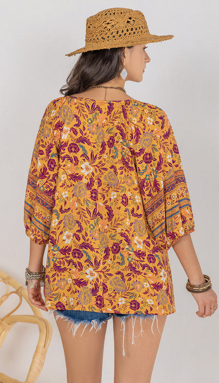 Modish Rustic Chic Print Tie Neck Blouse