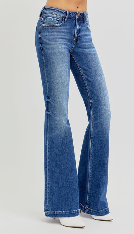 RISEN Full Size Low Rise Flare Jeans with Pockets