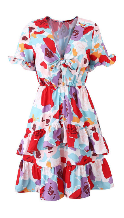 Summer Bow Short Sleeve Floral Print Babydoll Dress