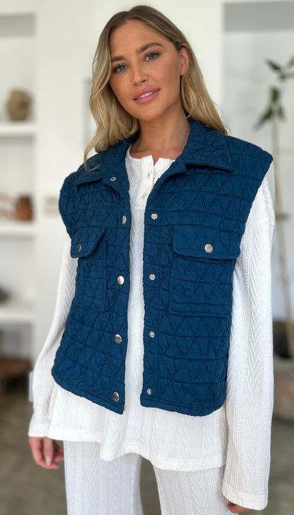 Double Take Full Size Pocketed Texture Snap Down Vest Coat - Double Take