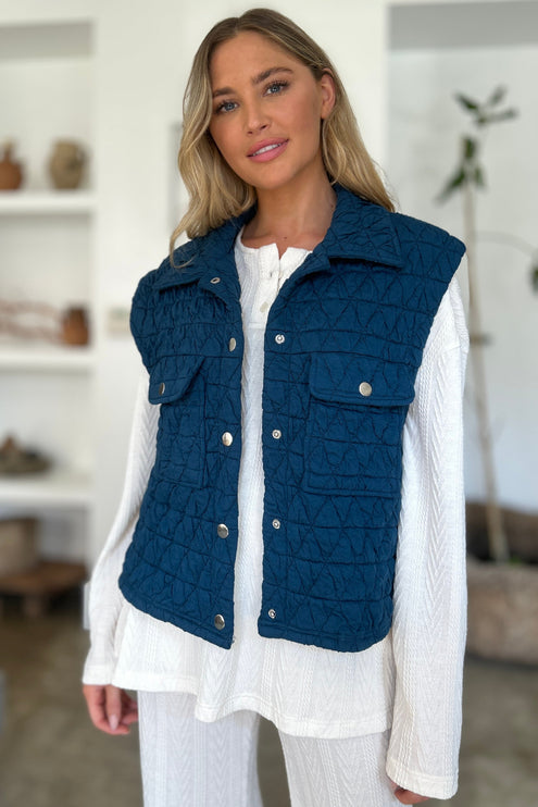 Double Take Full Size Pocketed Texture Snap Down Vest Coat - Double Take
