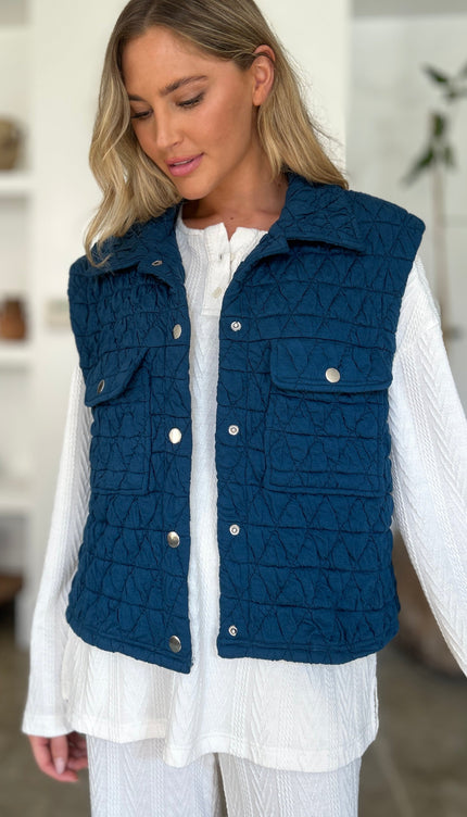Double Take Full Size Pocketed Texture Snap Down Vest Coat - Double Take