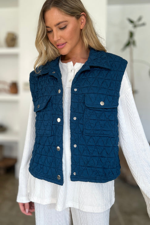 Double Take Full Size Pocketed Texture Snap Down Vest Coat - Double Take