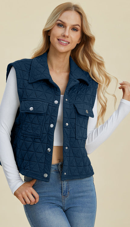 Double Take Full Size Pocketed Texture Snap Down Vest Coat - Double Take