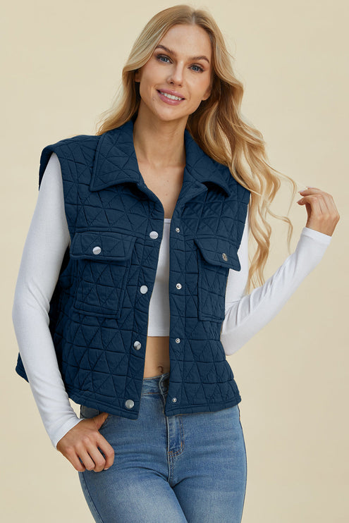 Double Take Full Size Pocketed Texture Snap Down Vest Coat - Double Take