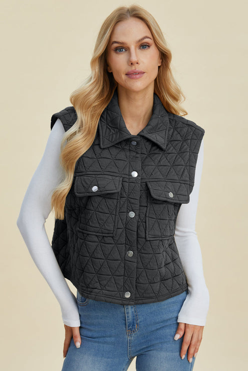 Double Take Full Size Pocketed Texture Snap Down Vest Coat - Double Take