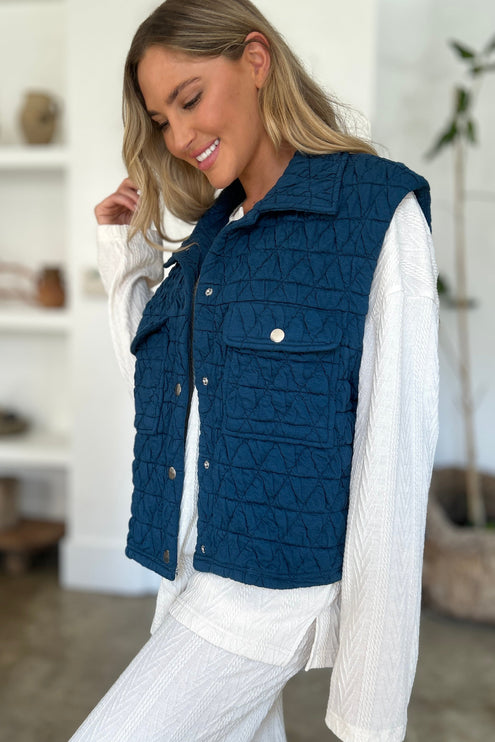 Double Take Full Size Pocketed Texture Snap Down Vest Coat - Double Take