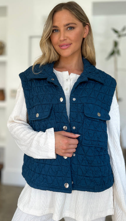 Double Take Full Size Pocketed Texture Snap Down Vest Coat - Double Take