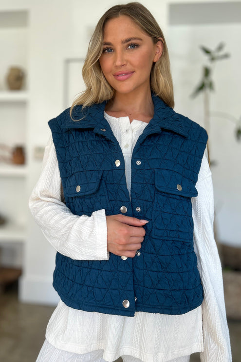 Double Take Full Size Pocketed Texture Snap Down Vest Coat - Double Take