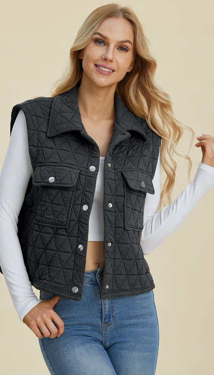 Double Take Full Size Pocketed Texture Snap Down Vest Coat - Black / S - Double Take