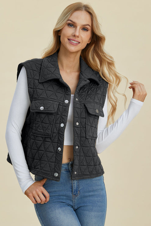 Double Take Full Size Pocketed Texture Snap Down Vest Coat - Black / S - Double Take