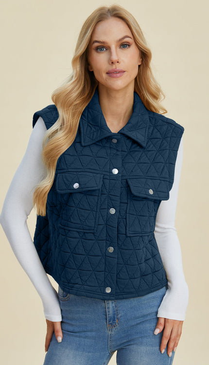Double Take Full Size Pocketed Texture Snap Down Vest Coat - Peacock Blue / S - Double Take