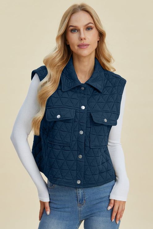 Double Take Full Size Pocketed Texture Snap Down Vest Coat - Peacock Blue / S - Double Take