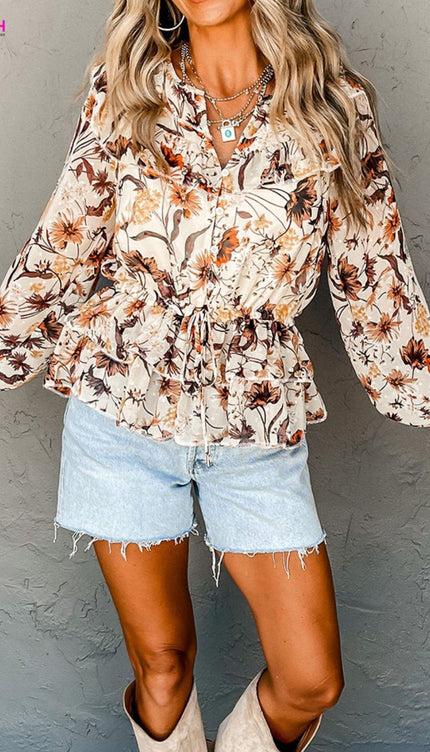 Drawstring Floral Lantern Sleeve Blouse-Modish