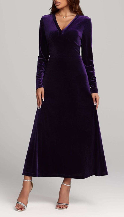 V-Neck Long Sleeve Velvet Dress