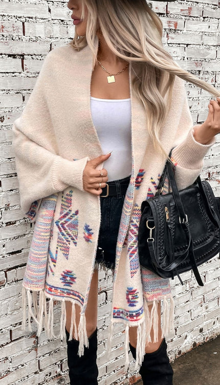 Fringe Geometric Open Front Long Sleeve Cape