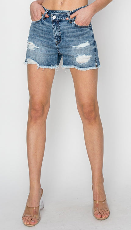 RISEN Stepped Waist Frayed Denim Shorts-Modish