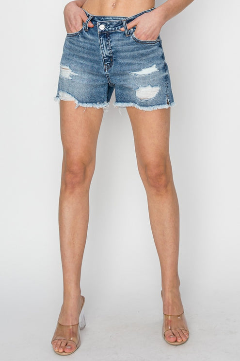 RISEN Stepped Waist Frayed Denim Shorts-Modish