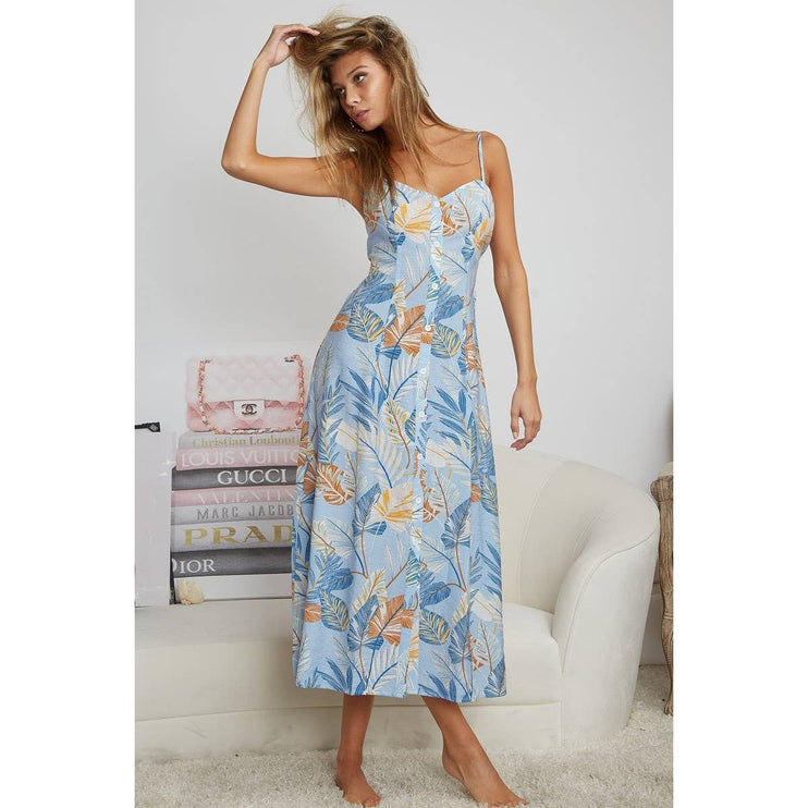 OPEN BACK WITH TIE TROPICAL PRINT DRESS