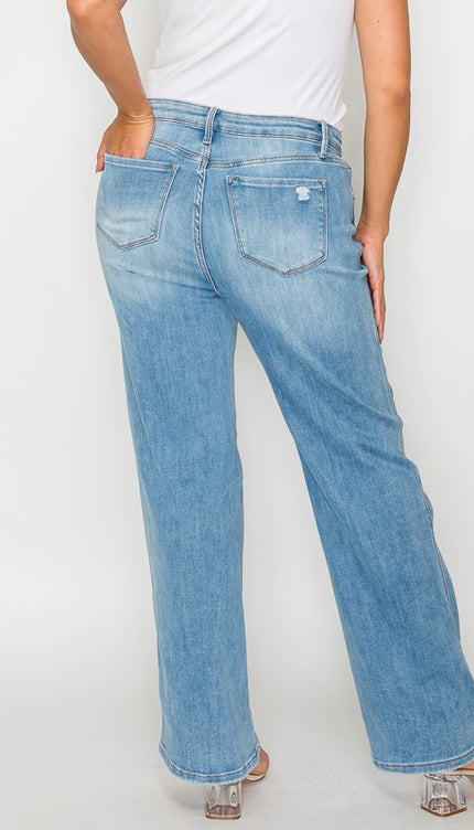 bytos Full Size Distressed High Rise Straight Jeans