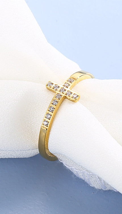 Inlaid Zircon Stainless Steel Cross Ring