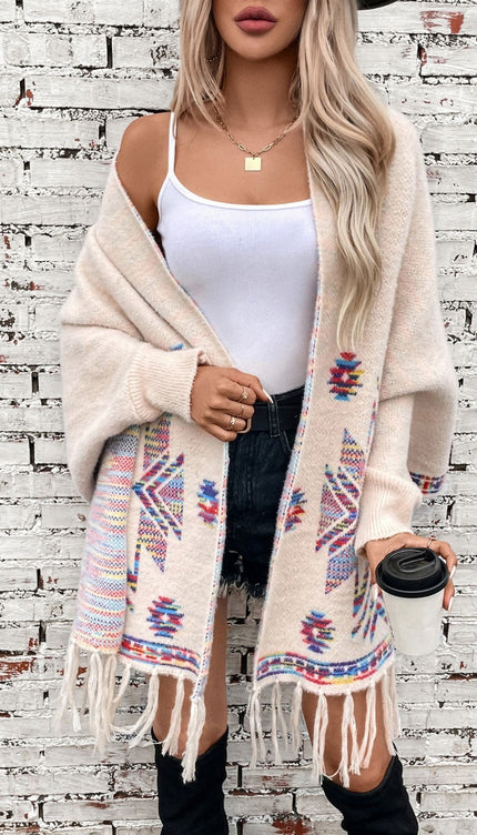 Fringe Geometric Open Front Long Sleeve Cape