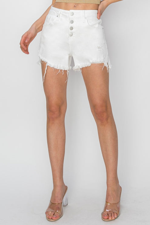 RISEN Button Fly Frayed Hem Denim Shorts-Modish