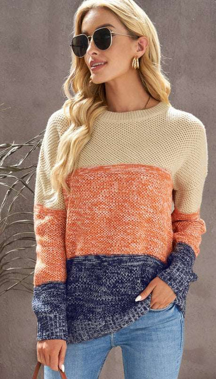 Color Block Round Neck Long Sleeve Sweater