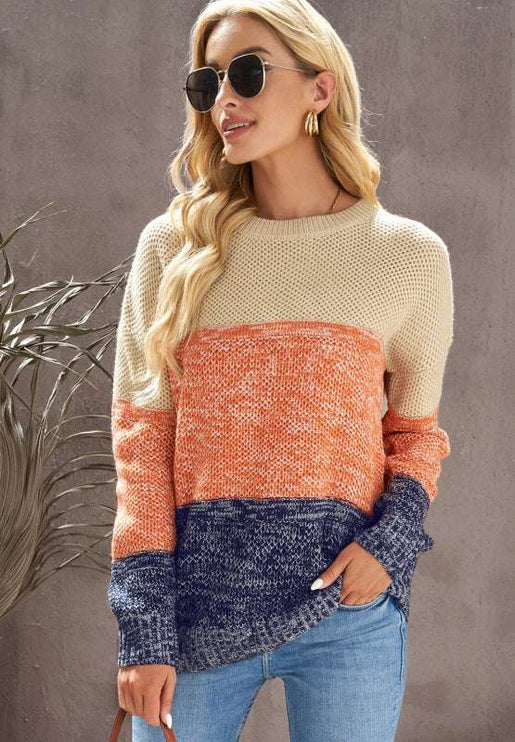 Color Block Round Neck Long Sleeve Sweater