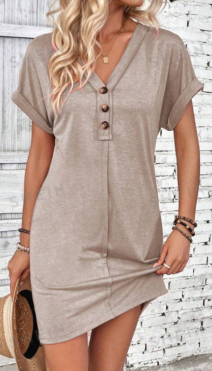 Modish - Quarter Button V-Neck Short Sleeve Dress