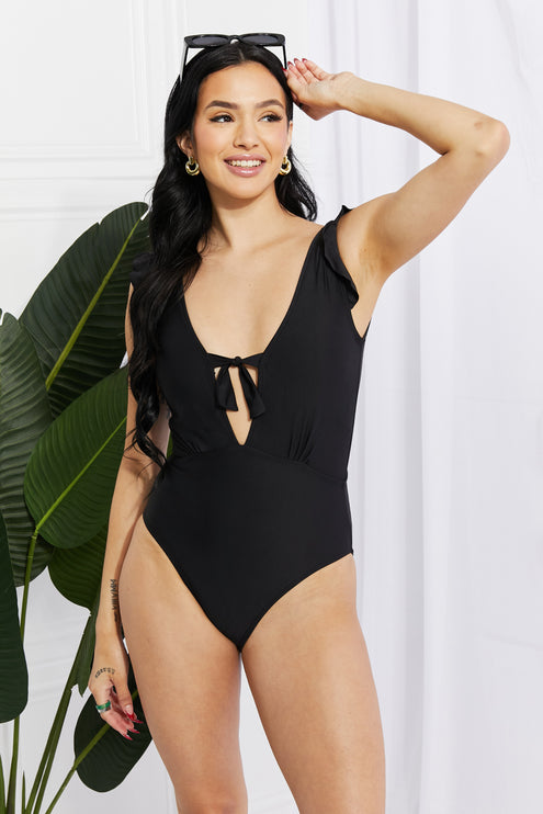 Marina West Swim Seashell Ruffle Sleeve One-Piece in Black-Modish