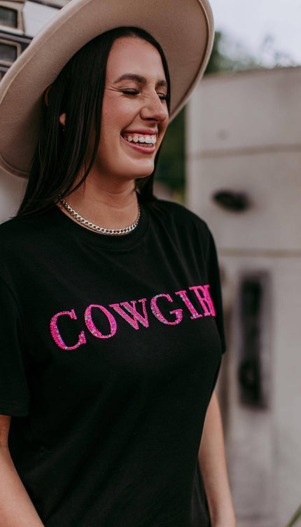 Cowgirl 3D Pink Sequin Embroidered Tee