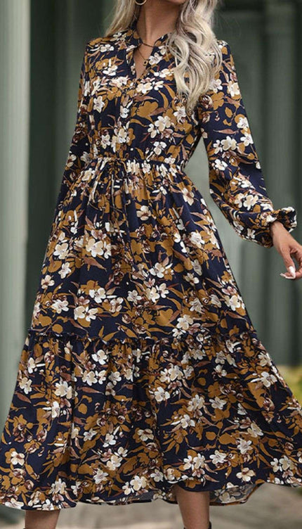 Print Long Sleeve Midi Dress