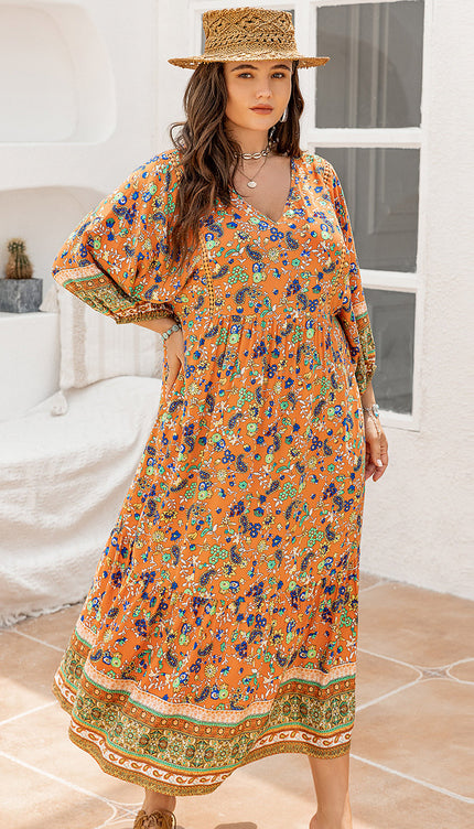 Modish Rustic Chic Plus Size Floral V-Neck Midi Dress