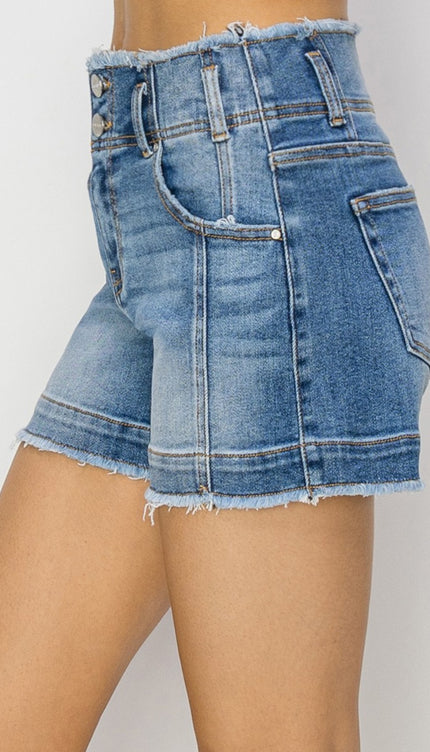 RISEN High Rise Seam Detailed Raw Edge Denim Shorts