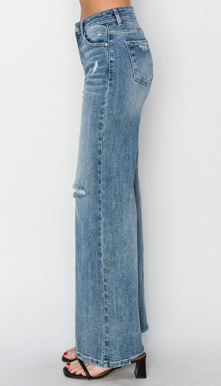 RISEN Full Size High Waist Distressed Wide Leg Jeans