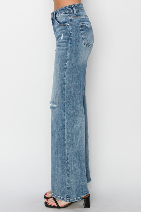 RISEN Full Size High Waist Distressed Wide Leg Jeans