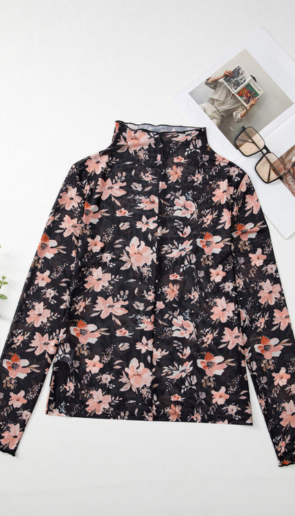 Floral Mock Neck Long Sleeve Blouse