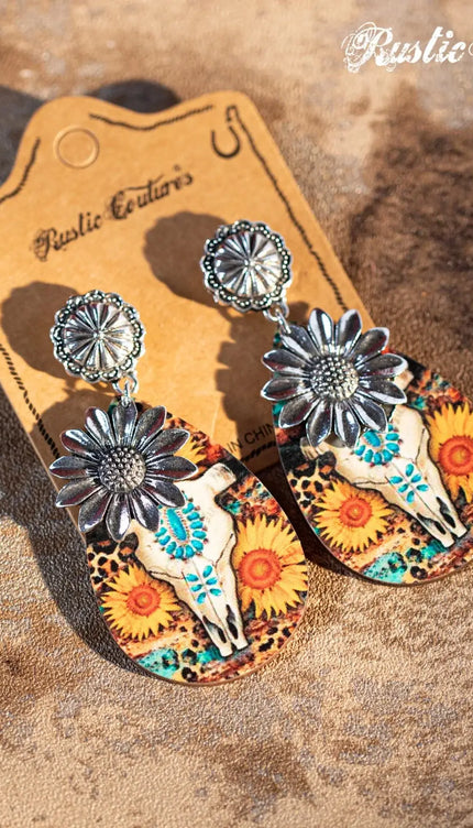 Couture's Sunflower Painted Bull Skull Sunflower earrings