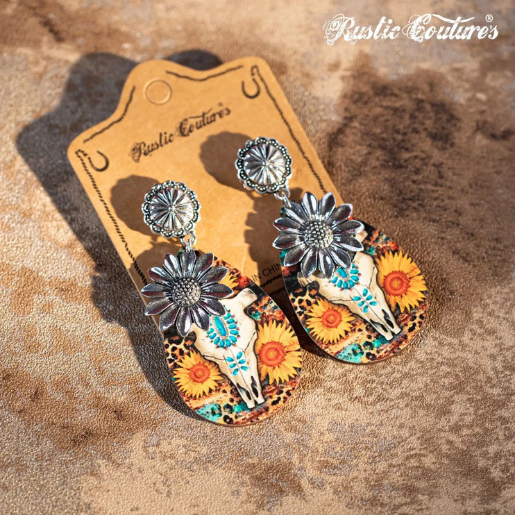 Couture's Sunflower Painted Bull Skull Sunflower earrings