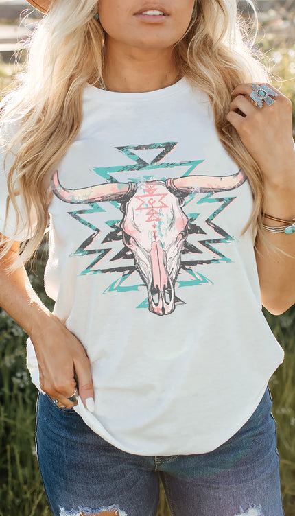 Modish Cow Skull Geo Print Short Sleeve Tee