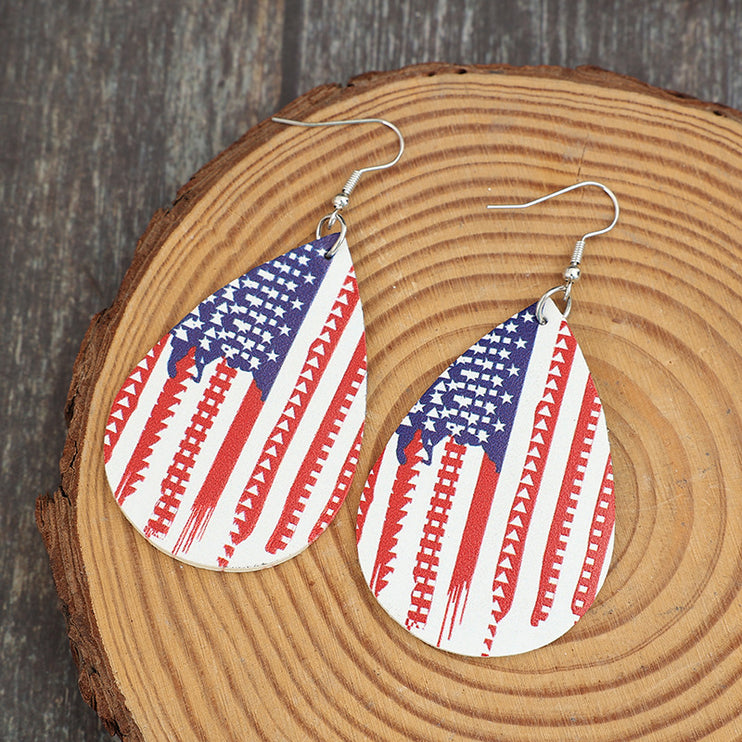 PU Leather US Flag Teardrop Shape Earrings-Modish